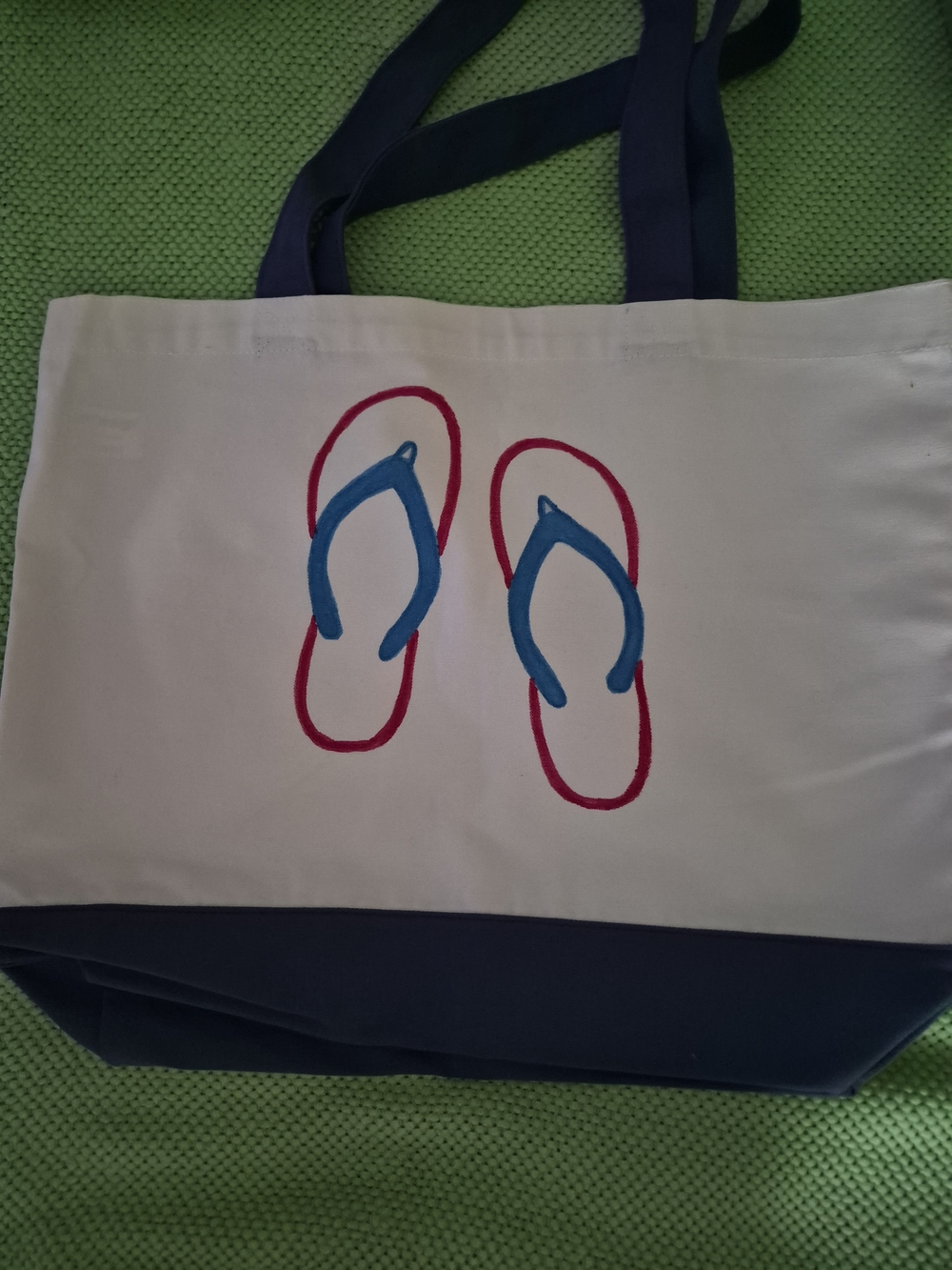 Canvas Tote Bag with Flip-Flop Print in White,  Navy, & Red. Hand Painted By Me